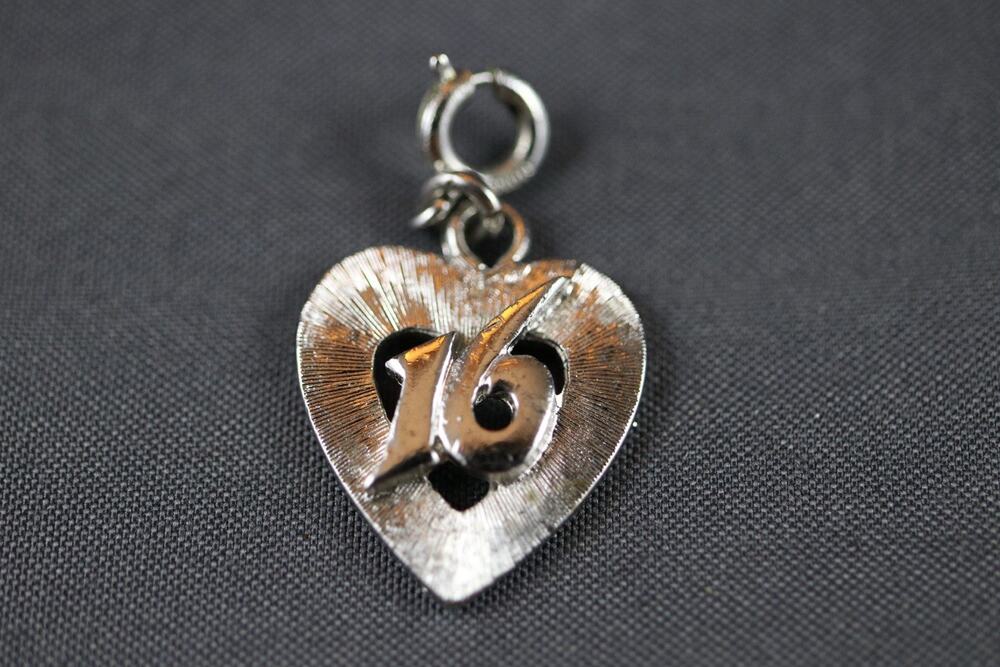Vintage Monet Sweet 16 Heart Charm, Silver Tone with Gold Tone “16” Accent